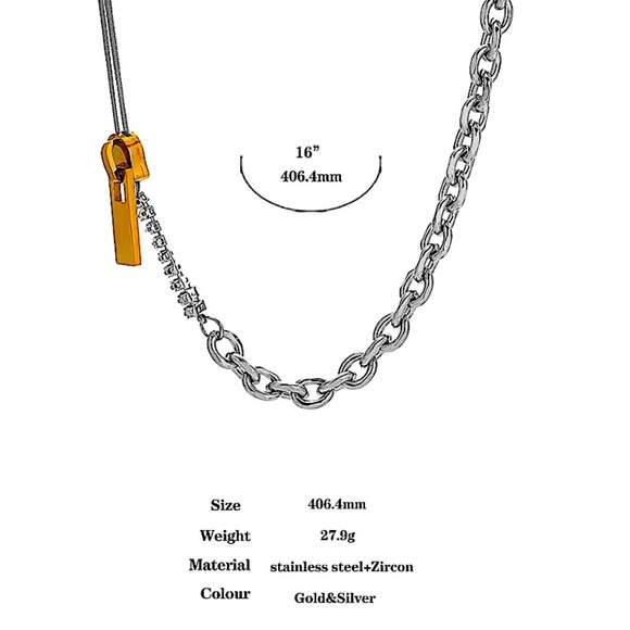 Sterling Silver Chain Link Zircon Zipper Herringbone Punk Choker Necklace - Picture 5 of 14